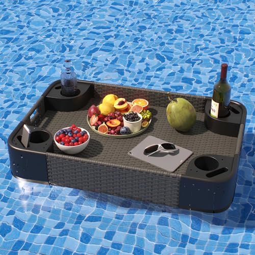 Wicker Floating Pool Tray，35.4 x 23.6 in Aluminum Frame Rectangle Swimming Pool Serving Tray for Food, Drinks and Essentials - Perfect for Pool Parties and Relaxing