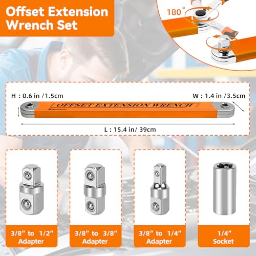 Image of Offset Extension Wrench, 15-Inch Offset Impact-Ready Socket Wrench Tool with 1 /2 inch, 1 /4 inch and 3 /8 inch Square Drive Adapters, Zero Degree Ratchet Tool for Car, Orange