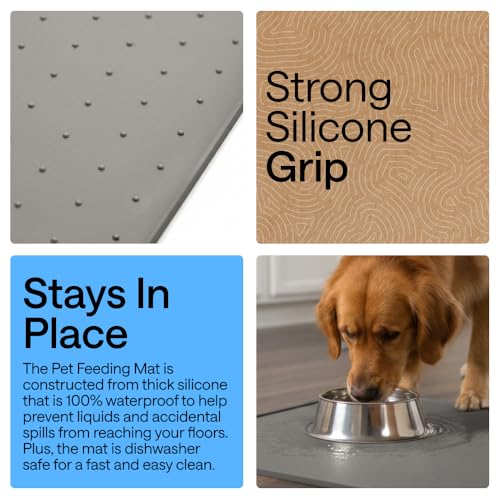 GORILLA GRIP 100% Waterproof Raised Edge BPA Free Silicone Pet Feeding Mat, Dog Cat Food Mats Contain Spills Protects Floors, Placemats for Cats and Dogs Water Bowl, 18.5x11.5, Gray