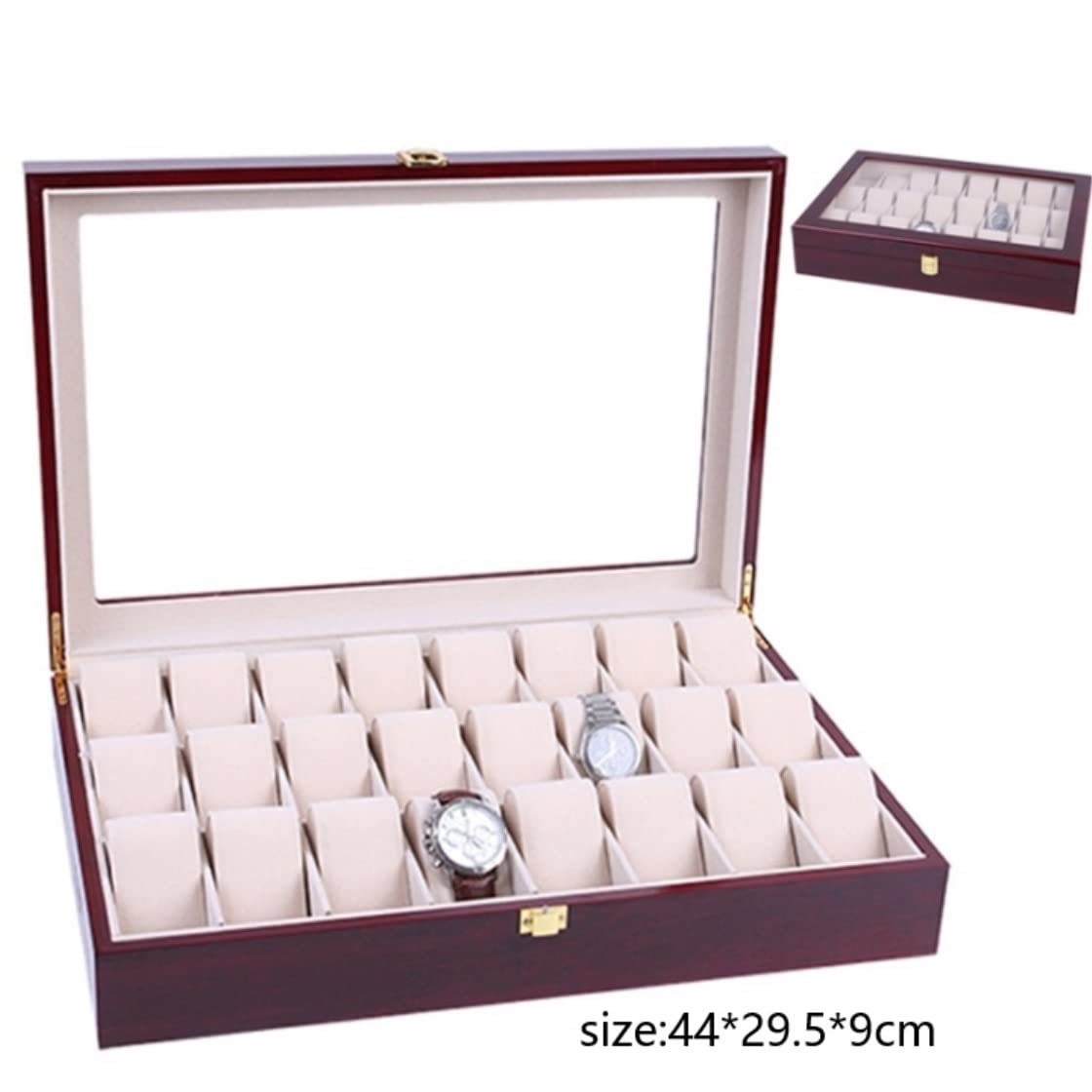 Étui À Montres, Enrouleur De Montres, Rangement Élégant pour Montres Et Bijoux en Bois, Boîte À Montres À 24 Compartiments, Présentoir À Montres Transparent avec Boucle E,
