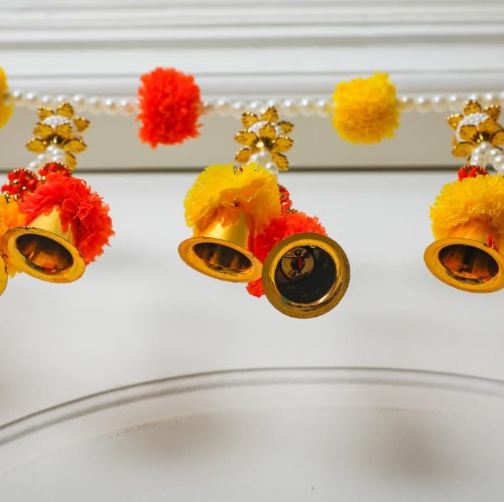 Image of Toran with Hanging Bells - Decorative Maharani Door Hanging with Artificial Pearls, Marigold Flowers for Diwali, Pooja, Weddings, and Housewarming