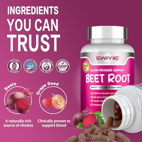 Beet Root Capsules 120 pcs, Beetroot Supplement Support Heart Health Circulation, Blood Pressure, Beets with Grape Seed Extract, Non-GMO, Gluten-Free | 1300mg per Serving