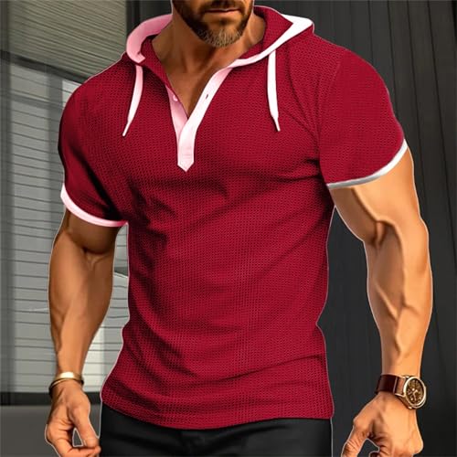 Men's Casual Short Sleeve Waffle Hoodie T-Shirt for Summer Fitness