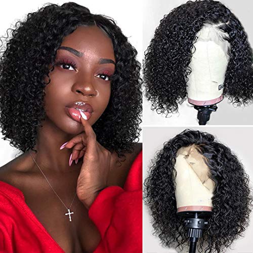 Jolia Hair 8A Brazilian Curly Human Hair Wigs with Baby Hair- 6inch Deep Parting Space 150% High Density- Pre Plucked Lace Front 100% Human Hair Wigs Natural Black 10 Inch