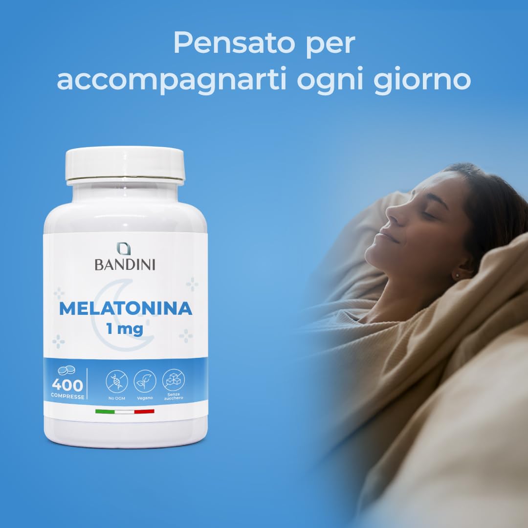 Bandini® Melatonina Forte Pura, 400 Compresse (Scorta + 1 anno), Integratore per Dormire 1mg per Compressa, Facile da Deglutire, Migliora la Qualità del Sonno Regolando il Ciclo Sonno-Veglia, Vegana