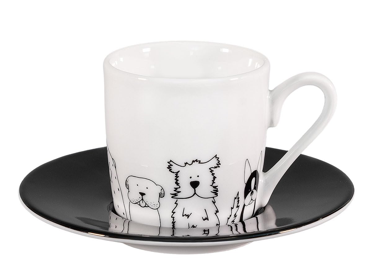 Könitz Espresso Tassen Set Funny Dogs. 4 Kaffeetassen 65ml aus Porzellan. Espressotassen modern, schwarz-weiß