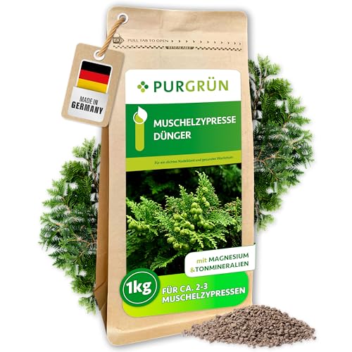 Purgrün® Muschelzypresse-Dünger 1 kg – Organisch-mineralische Rezeptur – Feinkörniges Krümelgranulat – NPK 5+4+6 – Extra Magnesium für leuchtend grüne Nadeln – Verbessert die Bodenqualität