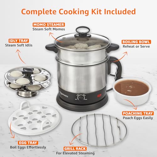 Amazon Basics Multi-Kettle Steamer 1.2L | Adjustable Power Modes 600 W | 7 - Egg Tray, Idli Tray, Iron Grill And Steamer | SS 201 Steel | Automatic... - Image 6