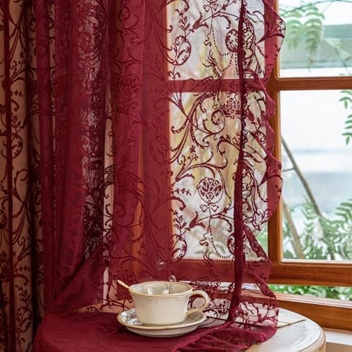 TUDECO Burgundy Lace Curtains 63 Inch Length - Victorian Kintted Sheer Floral Bird Ruffle Curtains for Bedroom Boho Privacy Dark Red Solid Color Light Filtering Rod Pocket Maroon Decor 59 x 63 Inch