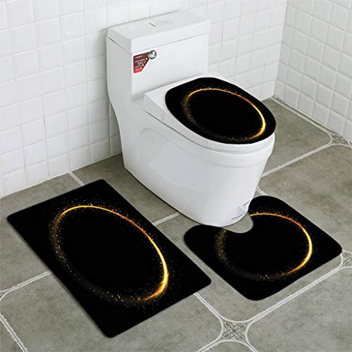 Juego de alfombrillas de baño antideslizantes de 4 piezas, diseño de círculo de luz corto de felpa sobre fondo negro, anillo de fuego, traza brillante, vector, círculo dorado, alfombra de baño +