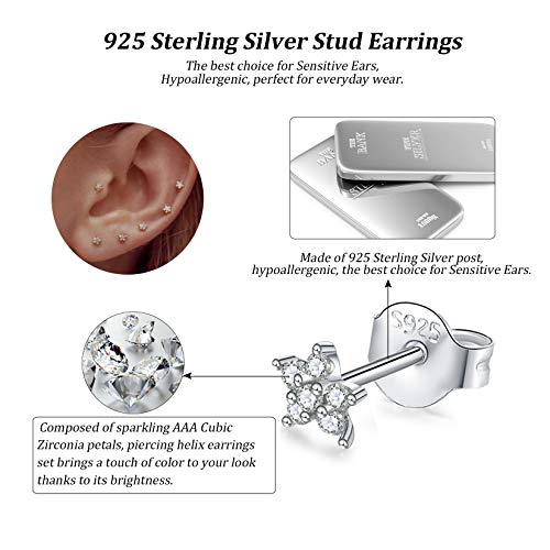 Sterling Silver Stud Earrings For Women, 3 Pairs Tiny Flower Earrings Set | Small Cubic Zirconia Helix Earrings Dainty Tragus Cartilage Studs Cherry Blossom Ear Piercing Jewelry Gifts For Girls Teens #TOP1