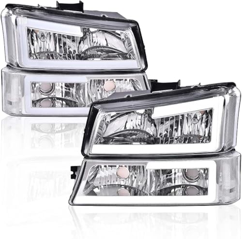 G-PLUS LED Headlights Assemblies, Compatible with 2003 2004 2005 2006 Chevy Avalanche Silverado 1500 2500 3500&HD Bumper Headlamps, Clear Lens Chrome Housing Clear Reflector,faros delanteros
