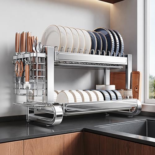 Escurridor de platos de acero inoxidable de gran capacidad de 2/3 niveles con cesta de cubiertos extraíble, almacenamiento de encimera que ahorra espacio para el hogar