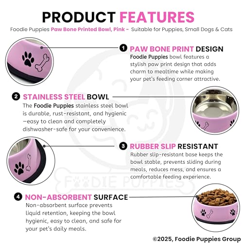 Image of Foodie Puppies Stainless Steel Pet Feeding Paw & Bone Print Bowl - 450ml (Baby Pink - Small) for Small Dogs & Puppies | Food /Water Feeding Anti-Slip /Skid Rubber Base Bowl | Non-Toxic & 100% Safe