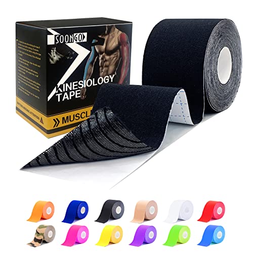 Soon GO Kinesiology Tape 1/2/5 Rolls 2 Inch (5 cm) High Elasticity Physio Tape Hypoallergenic Breathable & Waterproof | Muscle Recovery & Joint Support (Black)