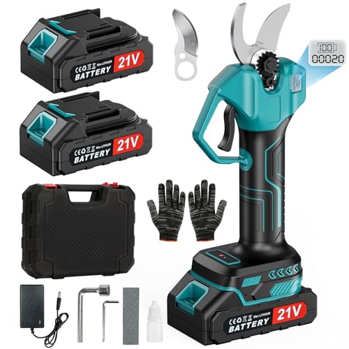 Tijeras de Podar Eléctricas con 2 Baterías 21V 2000mAh, Motor Sin Escobillas, Pantalla LCD y Acero SK5, Capacidad de Corte 30mm, Tijeras de Jardín Profesionales para Podar Ramas y Árboles
