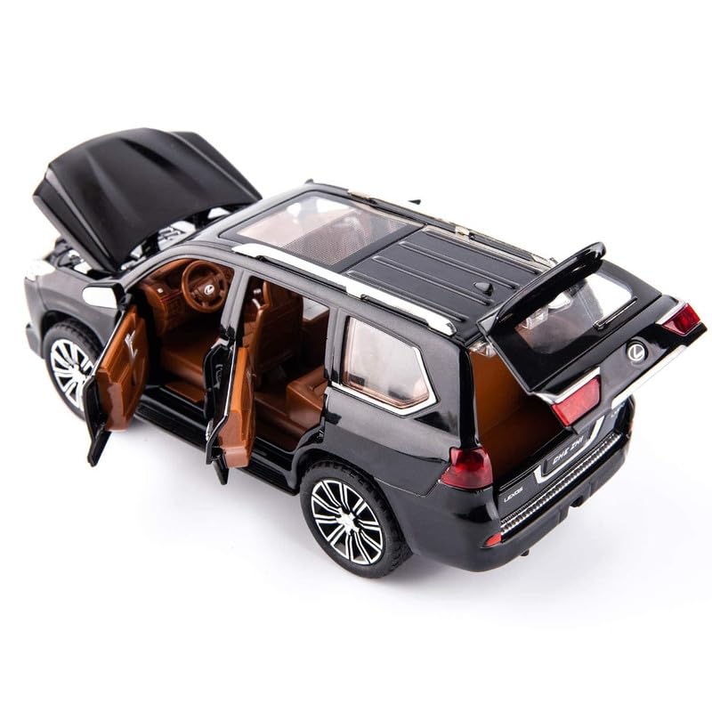 Image of Kids Model 1:24 Lx570 Die Cast Metal Car Pull Back Action Opening Doors with Realistic Engine Sound Lights Toy Car Gift for Boys - Black