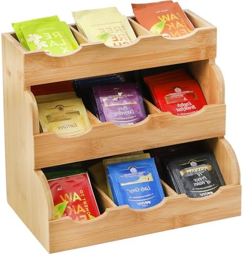 Lyellfe Vertical Bamboo Tea Bag Organizer - 3 Tier Rustic Holder Tray Caddy for 180 Bags - Coffee Condiment Storage for Home, Office or Café - 9 Compartments