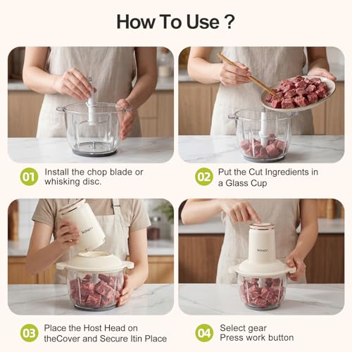 Image of Kawu Electric Food Processors, 300W Food Chopper with 2 Bowls (8 Cup+1 Cup) | 2 Speeds Meat Grinder with Stainless Steel Blades, Mini Vegetable Garlic Chopper Glass Blenders for Kitchen Home