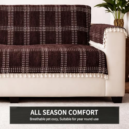 Image of STITCHNEST 'Artisoul Series' Chenille Sofa Cover 2 Seater Fully Covered with 2 Hand Rest Covers | Premium Heavy Fabric, Washable & Fade Resistant | Brown Sofa Protector with Tassels | Size 48x60 Inch
