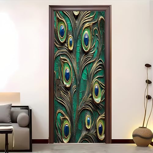 Pegatinas de Puerta Mural 83x204 cm Plumas de Pavo Real En Relieve 3D Adhesivo Fotográfico Autoadhesivo Vinilo Etiqueta De La Pared Verde Esmeralda Arte Adhesivo Puerta Dormitorio Baño Cocina