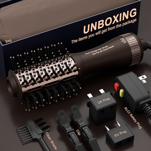 Image of Travel Dual Voltage Hair Dryer Brush 4-in- 1,Portable Mini Hot Air Blow Dryer Straightener & Curler Brush,Titanium Oval Blowout Styler Volumizer Tools-Dark Chocolate
