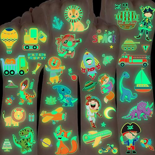 EGMBGM 30 Sheets Animals Glow in The Dark Temporary Tattoos For Kids Boys Girls Teens, Dinosaur Construction Pirate Space Astronaut Glowing Fake Glitter Luminous Tattoo Sticker Toddler Children Kits