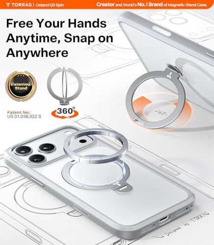 Image of TORRAS Q3 Spin for iPhone 17 Pro Case, 360 Magnetic Stand, Silver | Compatible with MagSafe, Built-in Kickstand, Camera Control, 4X Military-Grade Shockproof Translucent Phone Case for 17 Pro