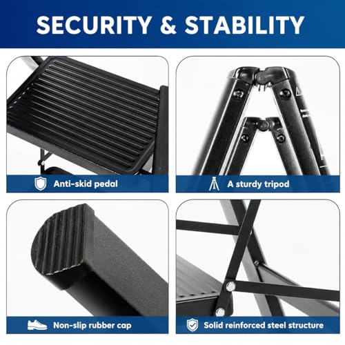 Image of 3 Step Folding Ladder Heavy Duty Steel Step Stool with Anti-Slip Wide Pedals & Rubber Feet, Portable Foldable Household Kitchen Ladder, Compact Utility Stool for Home Adults, Closet, RV & Indoor Use