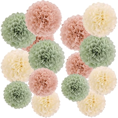 Image of EASY JOY Sage Green Tissue Pom Poms Paper Flowers Decorations Natural Green Boho Hanging Decor for Safari Jungle Party Bridal Shower Baby Shower Home Decor Nursery Birthday Backdrop 15PCS