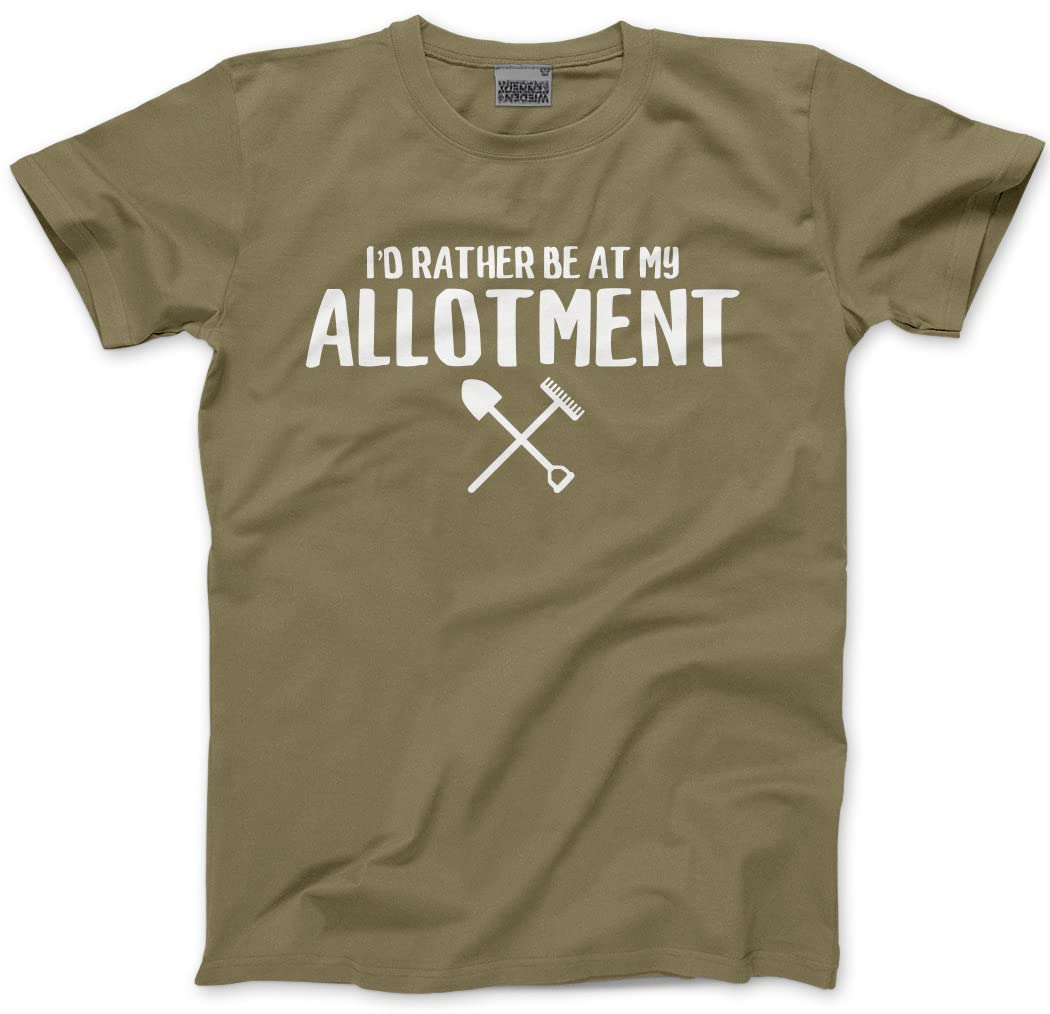 Hotscamp Unisex Khaki I'd Rather Be At My Allotment T-Shirt - Funny Gardener Shed Love My Garden Owner Gardening Vegetable Patch - M
