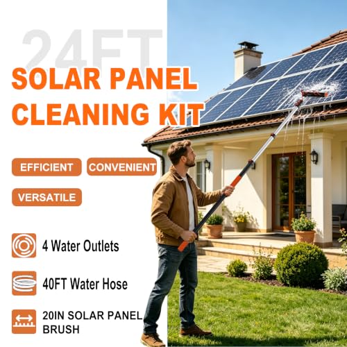 Image of Buyplus 30FT Reach Solar Panel Cleaning Brush Kit with 5-24FT Telescoping Pole, Water Fed Window Cleaner Tool with 20 inch Brush, Soap Dispenser, Cobweb Duster, Squeegee for Roof, RV, Gutter, Deck,Orange
