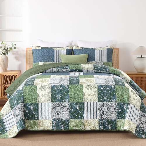 Drucon 3 Pieces Patchwork Quilt Set Queen Size, Blue n Green Plaid Design Bedding Set, Soft n Cozy Microfiber Quilt, Lightweight Bedspread Bed Cover for All Season(96