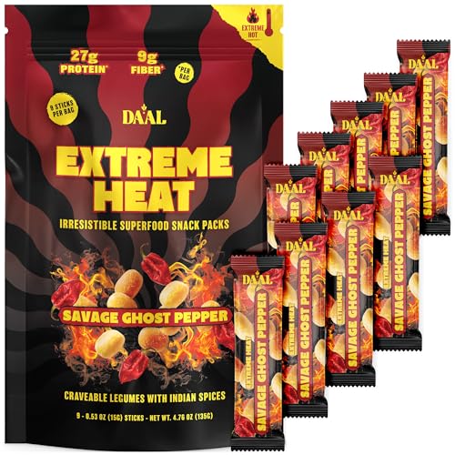 Daal Crunchy & Spicy Snacks – Vegan Snacks Made from Mung Beans – Gluten Free & Nut Free Moong Dal High Fiber Snacks Packed with 27g of Plant Based Protein per Bag – Savage Ghost Pepper 9 Pack