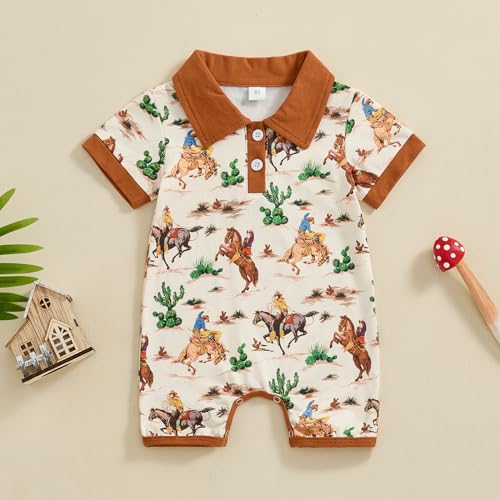 Lesimsam Newborn Baby Boy Western Clothes Cow/Horse Print Romper Jumpsuit Short Sleeve Button Up Collared Bodysuit Outfit2