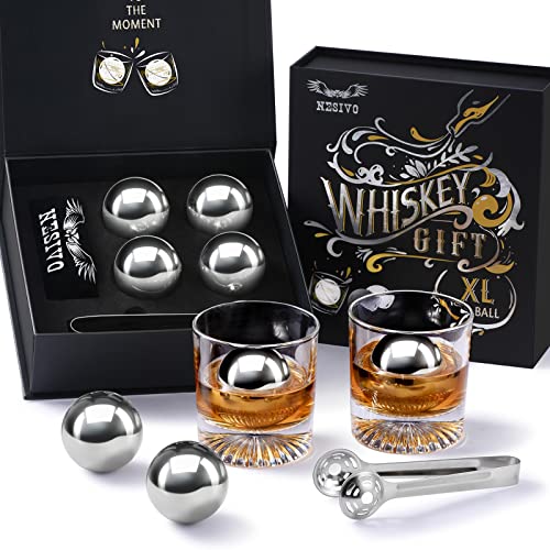 Gifts for Men Dad Him Husband Valentines Day, Whiskey Stones, Unique Birthday Anniversary Bourbon Gift for Boyfriend Men Who Have Everything Grandpa Cool Stuff Gadgets, 4 XL Stainless Steel Ice Balls