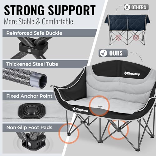 Image of KingCamp Double Camping Chair, Oversized Heavy Duty 660lbs Loveseat for Adults Portable Folding XL 2 Person Couch Padded Comfortable Two Seat with Cup Holder for Outdoor Lawn Backyard, Black /Grey