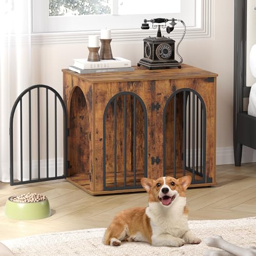 Hzuaneri Hundekäfig Möbel, 68cm Hundebox für Zuhause, 3 Türen, Bogentür, Moderne Hundebox Indoor für Hunde, Beistelltisch, Hundekäfig Hochbelastbar, 68 x 49 x 56 cm, Vintagebraun DFC85501B