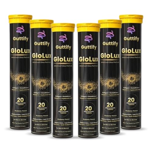 Image of L-Glutathione 500mg Effervescent Tablets | Supports Skin Whitening, Glow & Anti-Aging | Hyaluronic Acid + Vitamin C + Vitamin E | Sugar-Free Skin Brightening Supplement for Women | Pack of 6 | (Glolux Blueberry)