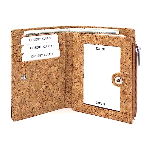 Image of Eco Cork Friendly RFID Blocking Wallet Bi-fold Card Holder Vertical Wallet With Zippered Coin Purse & ID Window