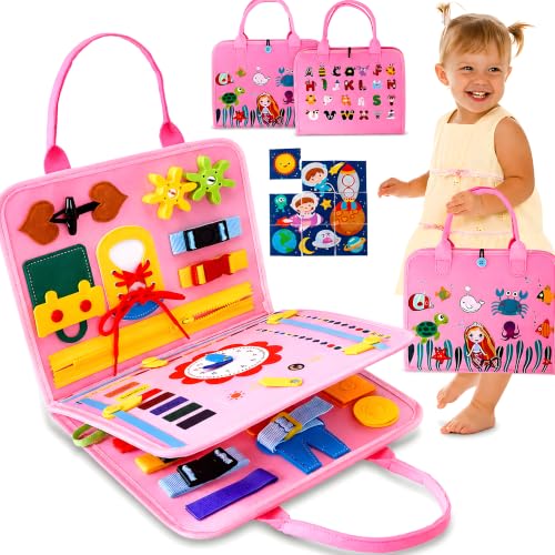 Image of Cable World Montessori Busy Board for Toddlers 2-5 Years, 25+ Learning Activities, Sensory Travel Toy, Quiet Book with Alphabet, Clock, Calendar, Jigsaw Puzzle, Fine Motor Skills Dino Theme - Pink