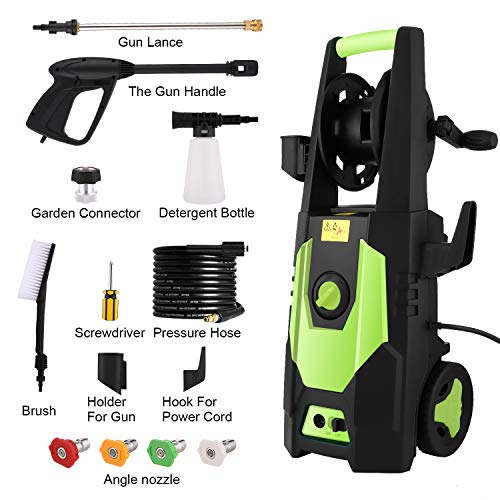 mrliance 3500PSI Electric Pressure Washer 2.0GPM Power Washer 1800W High Pressure Washer Cleaner Machine with Spray Gun, Hose Reel, Brush, and 4 Adjustable Nozzles (Green)