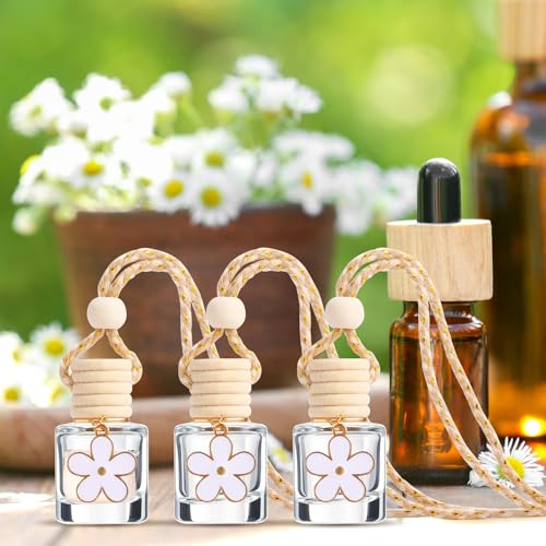 Image of 30 Pieces 8ml Hanging Car Air Freshener Diffuser with Daisy Flower Pendant Empty Glass Perfume Bottle Perfume Refillable Essential Oil Aromatherapy Vials with Wooden Caps Hanging String