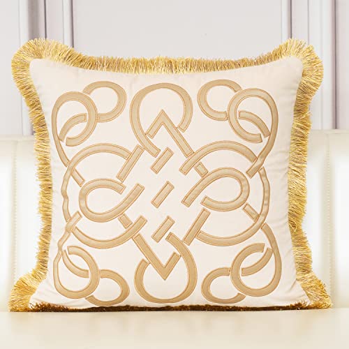 Aeckself 20 X 20 Inch Luxury European Home Decorative Pillow With Tassels Square Leather Chain Velvet Throw Pillow Cover Cushion Case For Sofa Bedroom Living Room Car, Beige Gold #TOP19