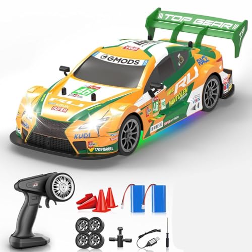 Image of Rc Drift Remote Control Car 1:24 Scale, High-Speed, 4Wd, Led Lights, Rechargeable Racing Car, Drifting Tires, 2.4Ghz, for Kids (RC Drift Car - Yellow)