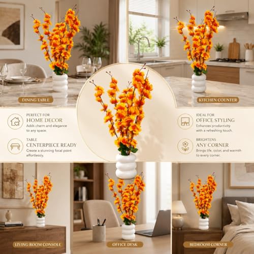 Image of Artificial Yellow Cherry Blossom Flower Plant with White Ceramic Pot | Realistic Faux Floral Arrangement for Home Decor, Living Room, Bedroom, Office Desk