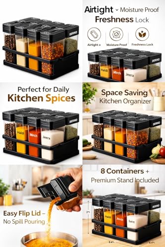 Image of 8 Pcs Airtight Masala Box with Stand, Transparent Spice Container Set for Kitchen, BPA-Free Plastic Masala Dabba, Space Saving Spice Organizer Rack, Kitchen Storage Containers for Spices Dry Item