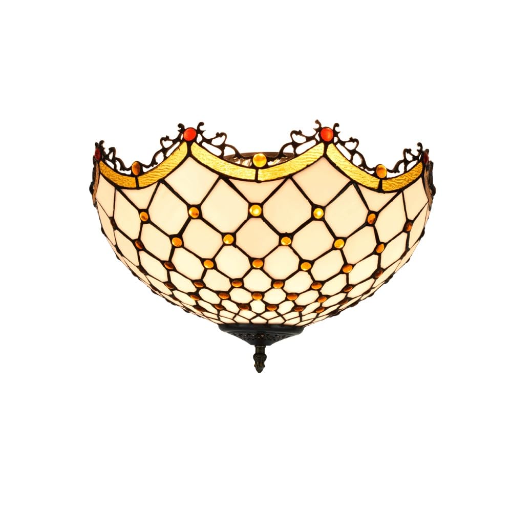 HJRegaFimu 16 Inches Flush Mount Ceiling Light Stained Glass Uplighter Lamp Teal Beads Vintage Style Deco Large Chandelier For Living Dining Room Bedroom Corridor