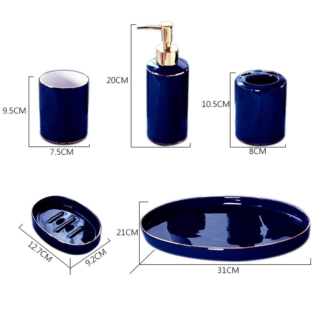 Dispensador de jabón líquido Accesorios de baño de cerámica, borde azul, borde dorado azul Juego de seis piezas que contiene dispensador de jabón Taza de enjuague bucal Porta cepillo de dientes, bande
