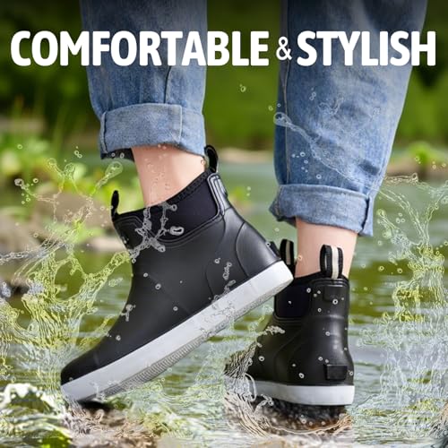 Image of Men's Deck Boots Waterproof Rain Boots Slip On Fishing Booties Ankle Booties Chelsea Boot Men botas para hombre for Gardening Fishing Boating Camping Sailing Black